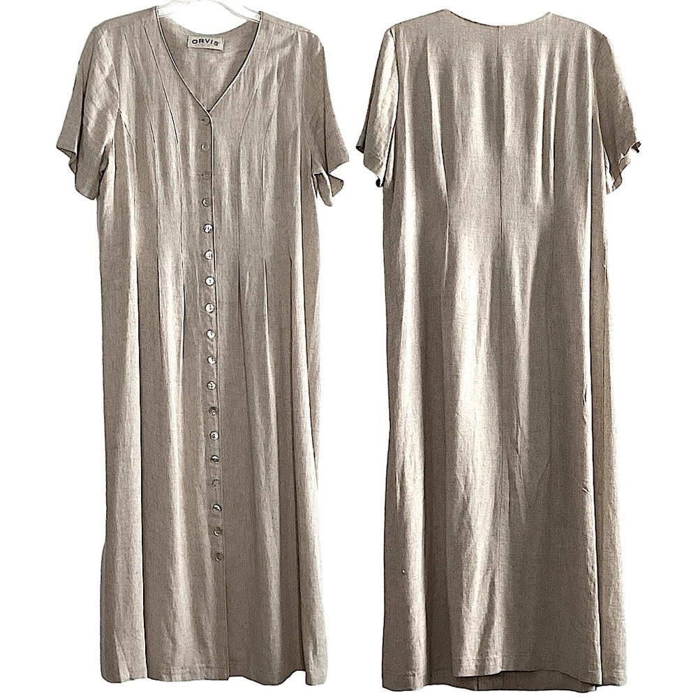 Orvis Beige Linen Maxi Dress Authentic Clamshell Button Front Women’s Size 16